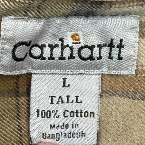 Vtg Carhartt Mens Large Tall Long Sleeve Button Cotton Brown Plaid Flannel Shirt - Picture 8 of 12
